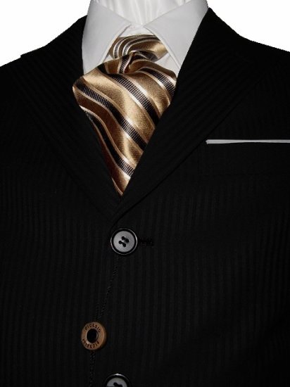 38R Fiorelli 3-Button Men's Suit Black with Thin Stripes with Single Pleated Pants FREE Tie Size 38R