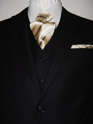 40R Vitarelli 3-PC Men's Suit Black Stripes with Matching Vest FREE Neck Tie Size 40R