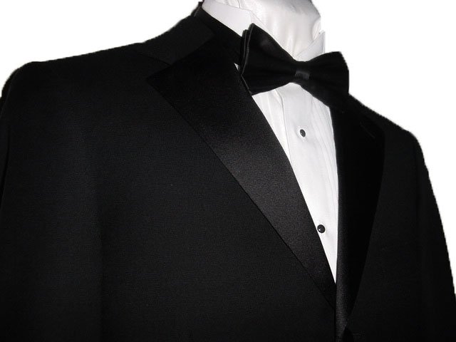 38S Mantoni 2-pc Men's Tuxedo Black 100% Wool 3 Button Single Pleate Pants FREE Bow Tie Size 38S