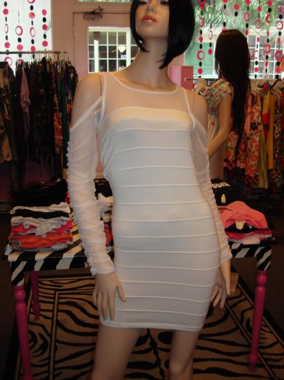 SEXY WHITE SHEER LONG SLEEVE BANDAGE DRESS SIZE M 6 - 8