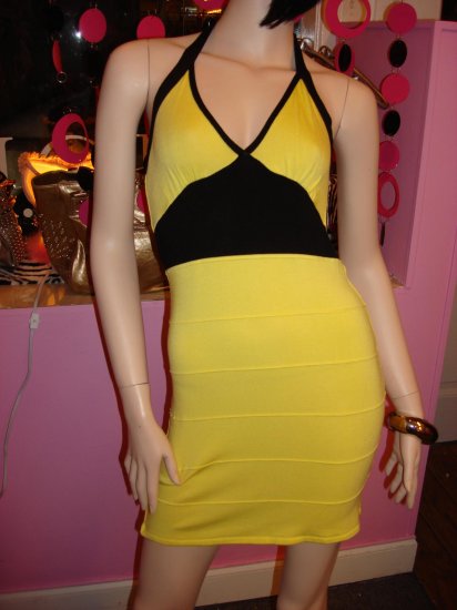 HOT YELLOW AND BLACK HALTER BANDAGE DRESS SIZE M 6 - 8