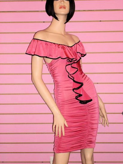 SO SEXY PINK WITH BLACK TRIM OFF THE SHOULDER CLUBBING DRESS SIZE M 6 - 8