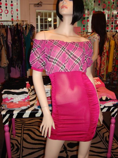 HOT OFF THE SHOULDER PINK PLAID TOP DRESS SIZE SMALL 2 - 4