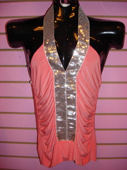 HOT CORAL AND SILVER SEQUIN TRIM TOP SIZE MED 6 - 8
