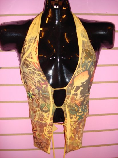 SEXY YELLOW SKULL PRINT TOP SIZE MED 6 - 8