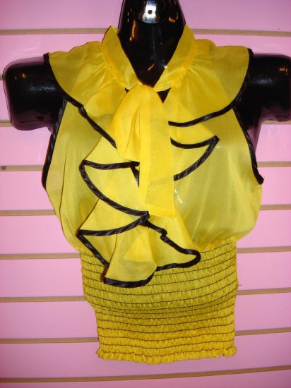 SEXY YELLOW AND BLACK SHEER RUFFLED TOP SMALL 2 - 4