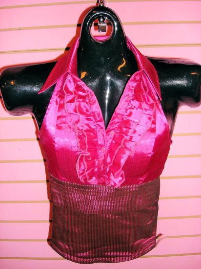 CLASSY PINKA ND BLACK RUFFLE TOP SIZE MED 6 - 8