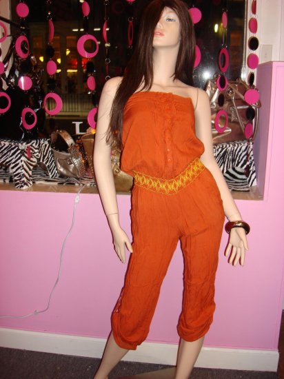 JAZZY RUST COTTON JUMPSUIT SIZE MEDIUM 6 - 8