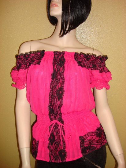 Hot Pink and Black Lace Off the shoulder top Size Large