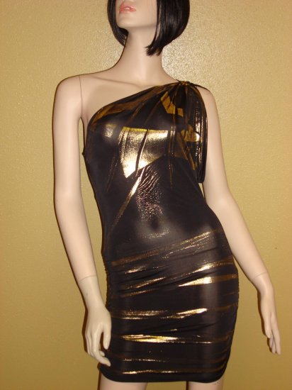 Sexy Black and Gold One Shoulder Dress Medium