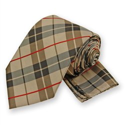 Tan Terrier Plaid Tie and Pocket Square Set