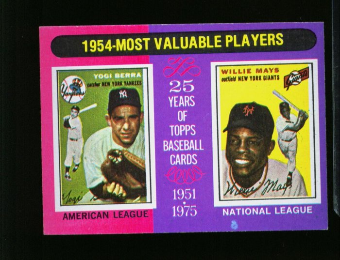 1975 TOPPS MINI #192 MVP'S MAYS AND BERRA YANKEES NM