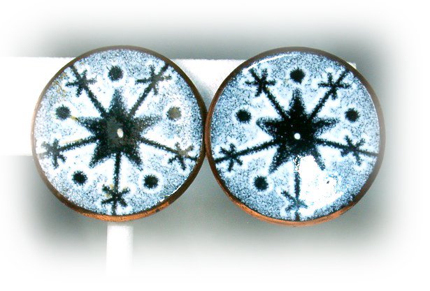 Winter Snowflake Vintage Copper Enamel Screwback Earrings