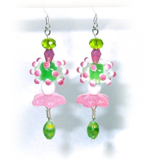 Pink & Green Lampwork Handcrafted Drop Earrings