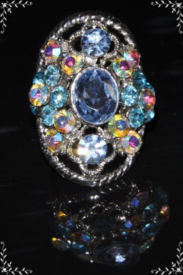 Soft color crystal vintage silver plated ring R1246
