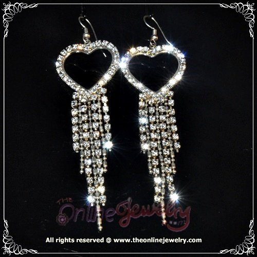 8cm long heart w/ dangling clear crystal rhinestone sparkling wedding bridal earrings E3016