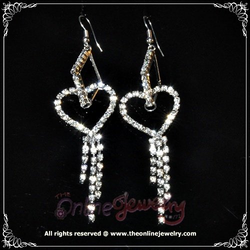 7.5 cm long heart dangling on rhombus clear crystal rhinestone sparkling queen earrings E3017