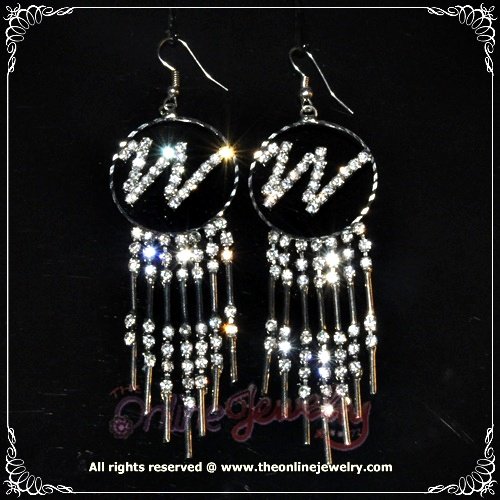 Meaningful alphabete "W" initial dangling clear crystal rhinestone sparkling name earrings E3019
