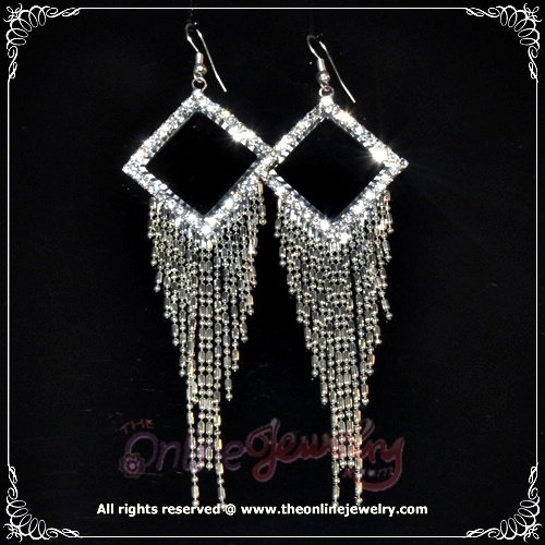 Unique 10cm long square w/ dangling clear crystal rhinestone sparkling evening earrings