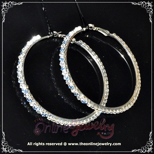 6cm large classic two tone blue n clear crystal rhinestone sparkling hoop earrings E3001
