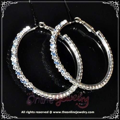 5.5cm large classic two tone blue n clear crystal rhinestone sparkling hoop earrings E3002