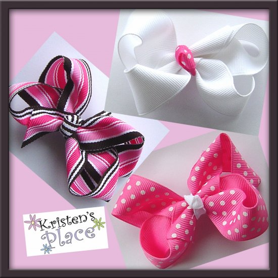 Boutique Hair Bow Set - 3 Med Bows - Pink/Brown/White - No Slip Grip Available
