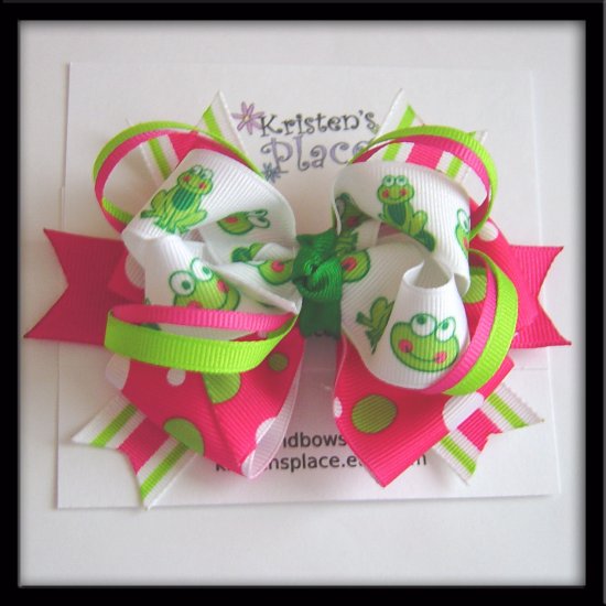 Large Layered Boutique Hair Bow - Frog Bow - Pink, White, Green