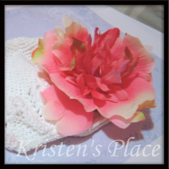 White Crochet Hat - Toddler to Pre-teen size- Kufi Cap - Extra Large Pink Peony