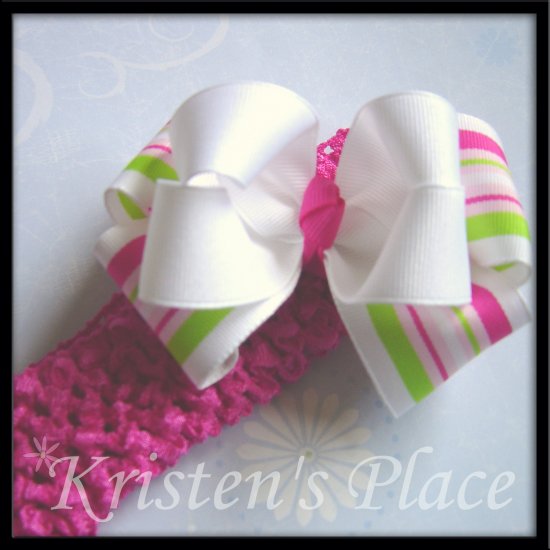 Large Double Stacked Boutique Bow - Pink , Green, and White - Plus FREE Headband - Bowband