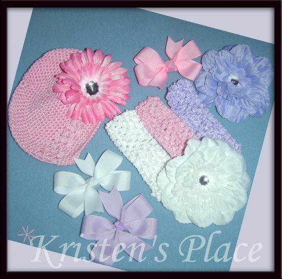 Boutique Flower, Bow, and Headband Set - Classic Girly Set - Pink, Purple, and White