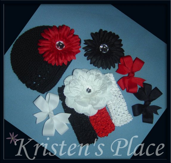 Boutique Flower, Bow, and Headband Set - Little Diva Girl Set - Red, Black, and White