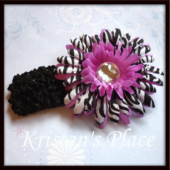 Jeweled Daisy Hair Clip - Zebra Print - U Choose - Pink, Purple, Turquoise - FREE Headband