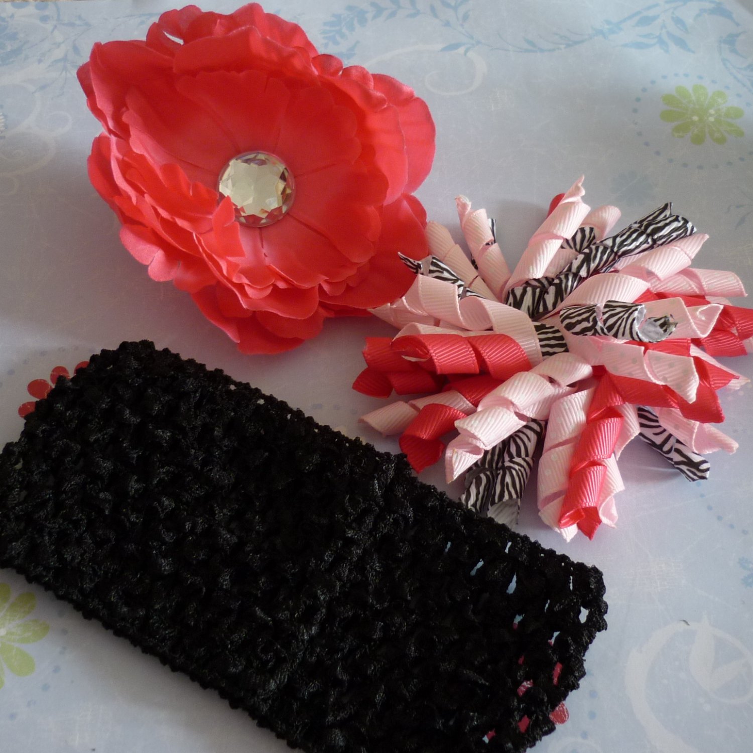 Pink and Black Peony and Korker Hair Bow Set