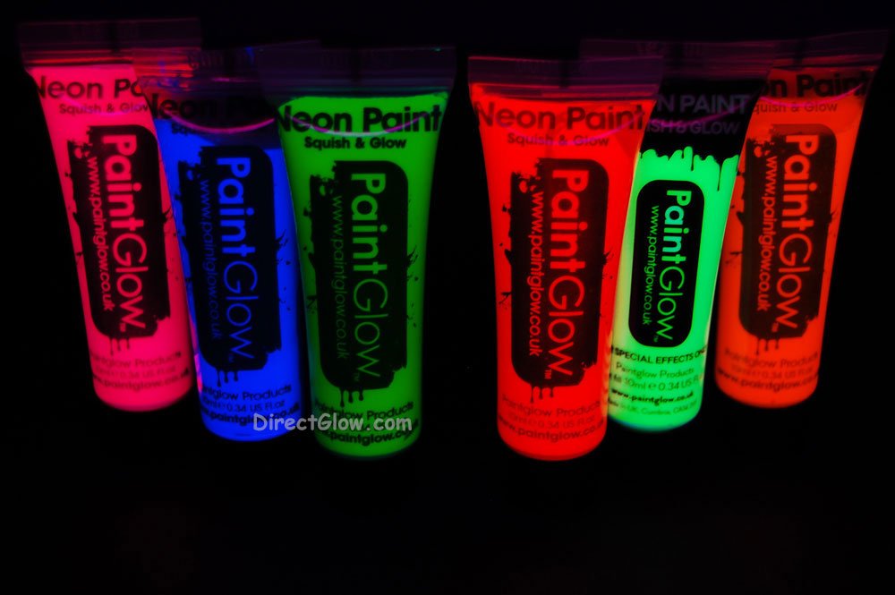 PaintGlow 10ml/.34oz UV Reactive Face and Body Paint- 6 Pack (FREE UV light)