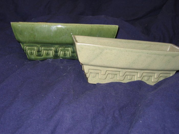Pair of green Haeger pottery greek key pattern planters #3774 - A FREE US SHIPPING