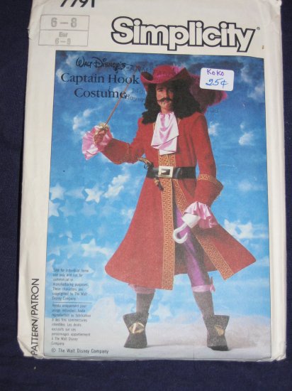 1986 Simplicity pattern 7791 size 6/8 uncut out of print Captain Hook costume FREE US SHIPPING