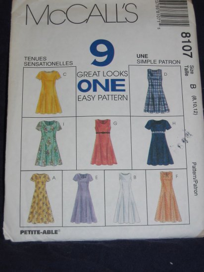 McCalls 8107 9 dresses Size B 8/10/12 uncut pattern FREE US SHIPPING