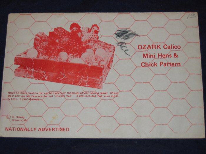 1974 uncut pattern "Ozark Calico Mini Hens and Chick" from Branson, Mo FREE US SHIPPING