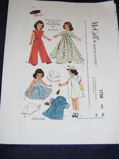 McCalls 1728 Betsy McCall doll clothes pattern uncut 14" Betsy, Toni; 16" Toni FREE US SHIPPING