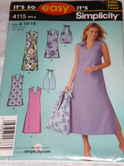 Simplicity 4115 easy summer dress and bag Size A 10-18 uncut FREE US SHIPPING