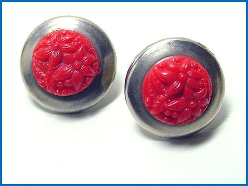 Vintage 1930s Art Deco Red Celluloid and Chrome Earrings - Free USA Shipping