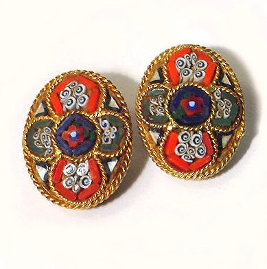 Colorful Cruciform Vintage Mosaic 1950s Clip Earrings - Free USA Shipping