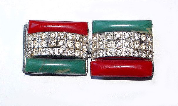 Antique Art Deco Red and Green Celluloid and Rhinestones Belt Buckle - Free USA Shipping