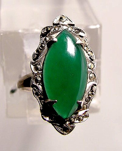 Art Deco Green Agate and Marcasites Sterling Ring