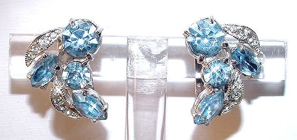 Vintage Eisenberg Ice Blue Rhinestone Clip Earrings