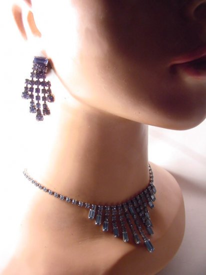 Vintage c1960 Aquamarine Rhinestones Fringe Necklace and Earrings Set