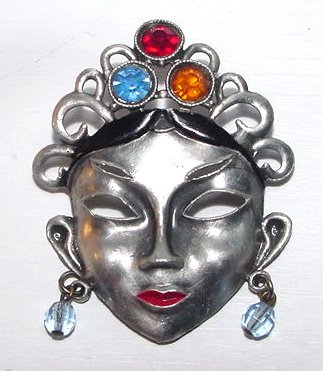c1930 Art Deco Figural Oriental Mask Brooch with Colored Rhinestones