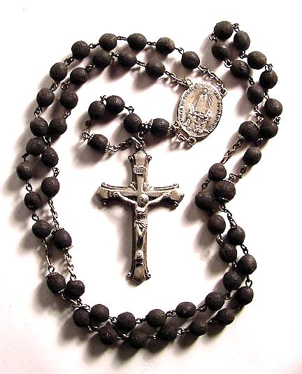 Carved Lava Beads and Sterling Rosary
