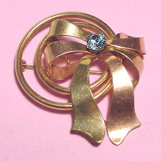 Signed Pink, Green and Yellow Gold Retro Bow Brooch