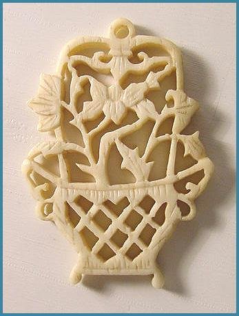 Antique Chinese Carved Bone Lotus Basket Pendant - Free USA Shipping